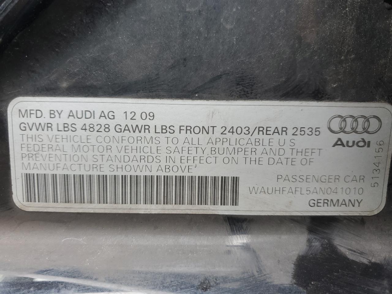 2010 Audi A4 VIN WAUHFAFL5AN041010 Copart auction photo, normal wear damage thumbnail 12