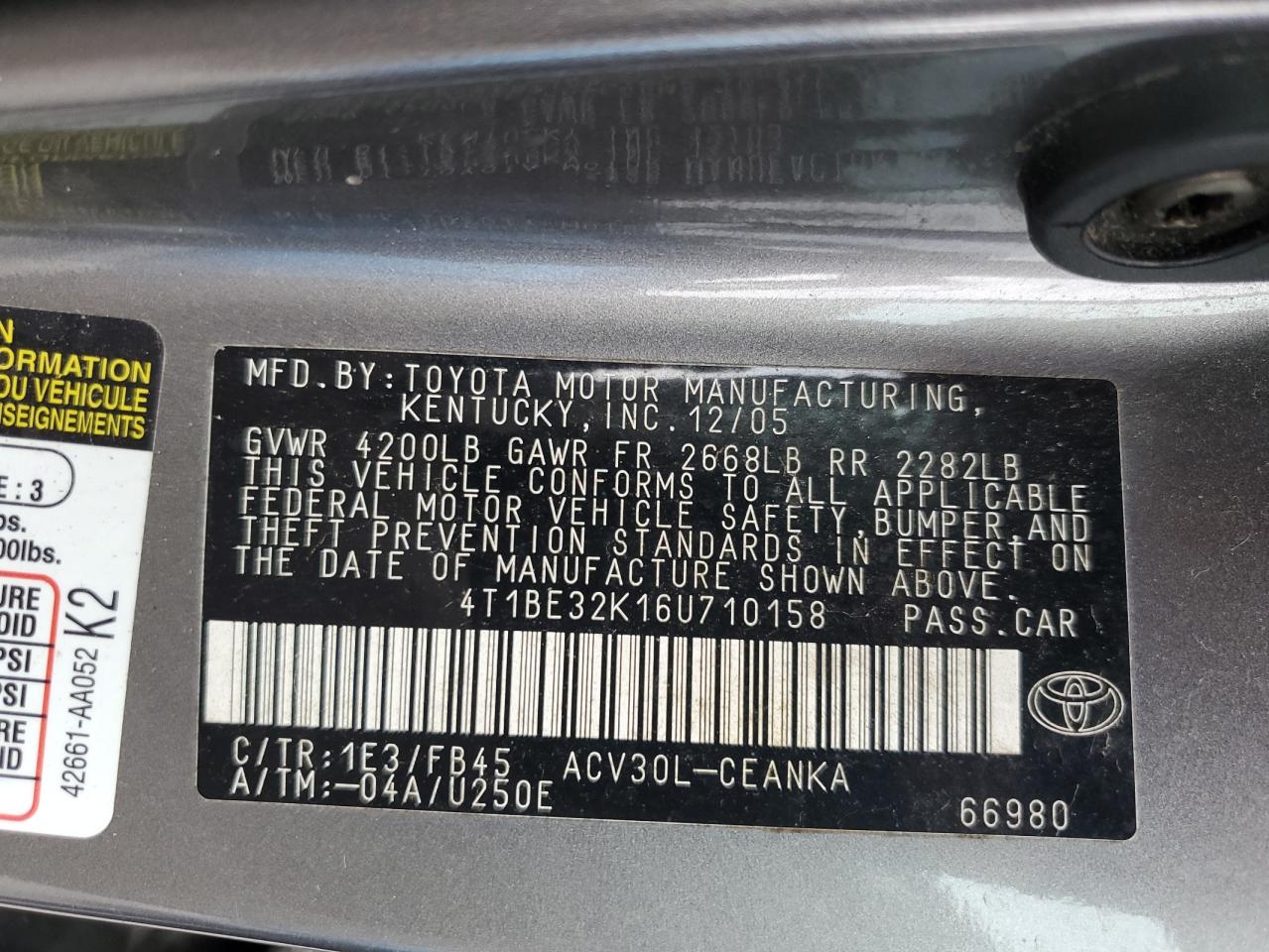 2006 Toyota Camry VIN 4T1BE32K16U710158 Copart auction photo, all over damage thumbnail 14