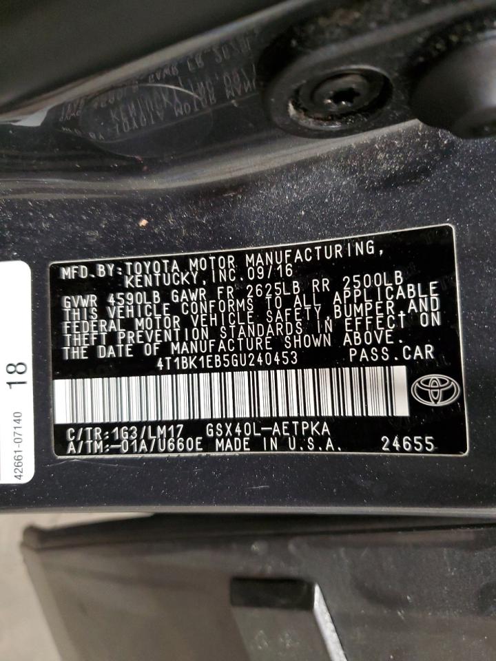 2016 Toyota Avalon VIN 4T1BK1EB5GU240453 Copart auction photo, front end / side damage thumbnail 12