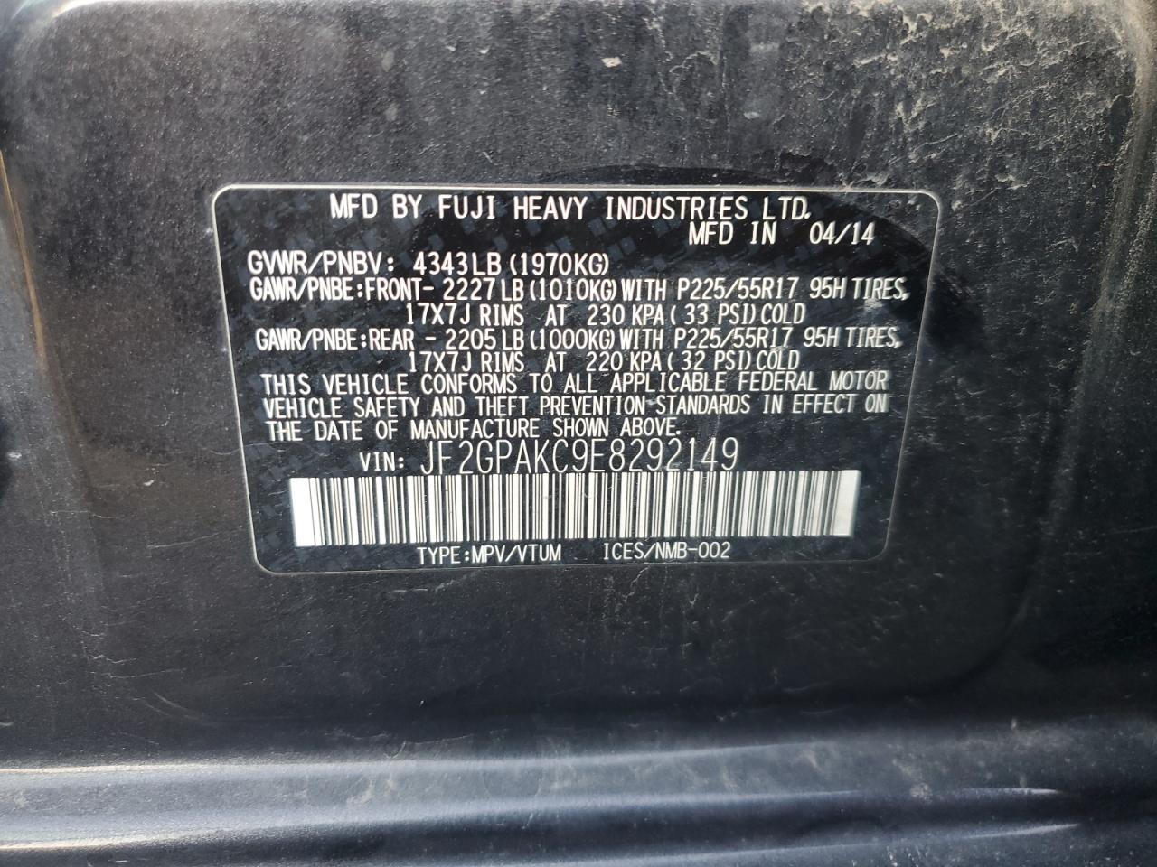 2014 Subaru XV VIN JF2GPAKC9E8292149 Copart auction photo, front end / side damage thumbnail 14