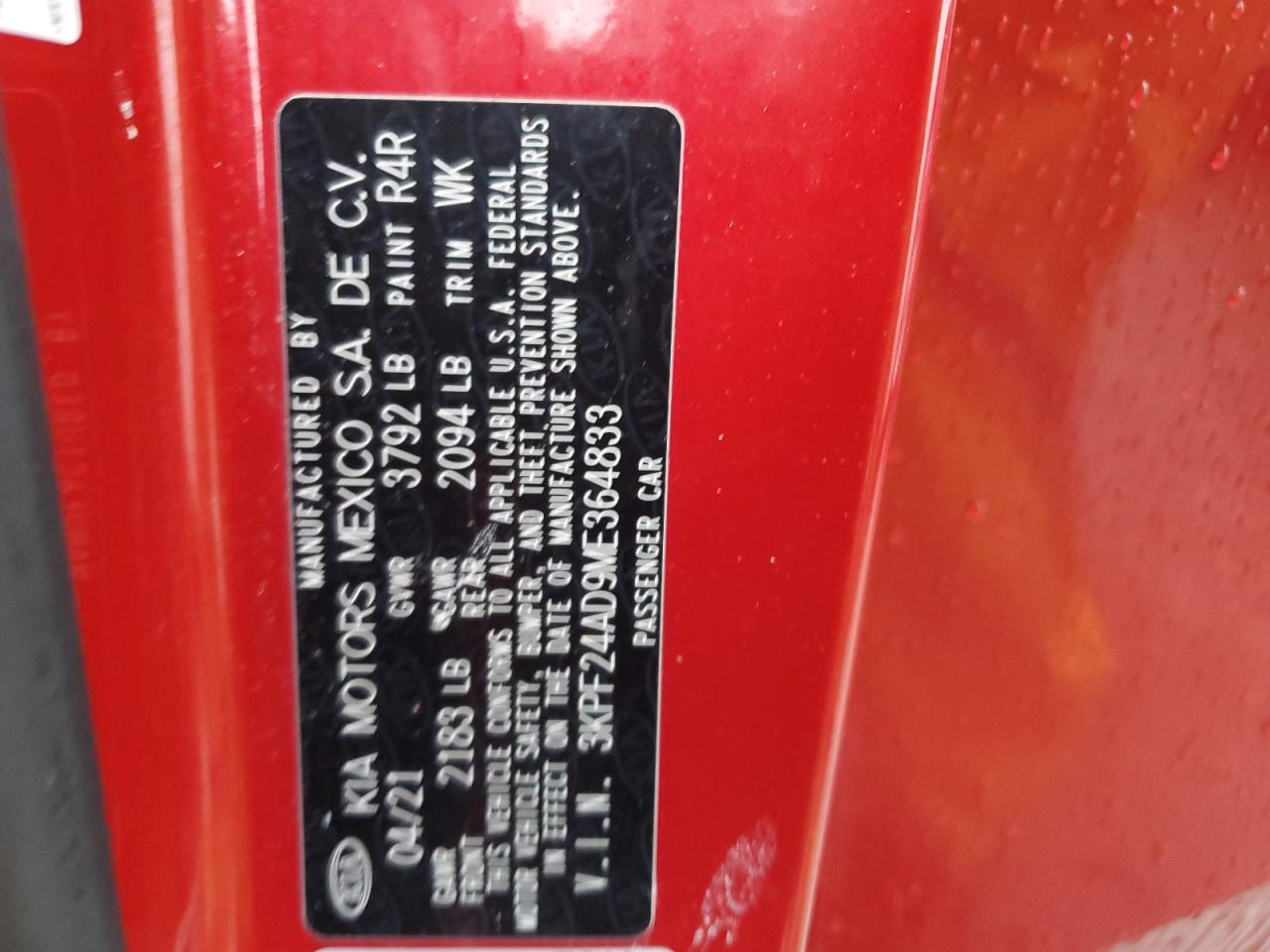 2021 KIA Forte VIN 3KPF24AD9ME364833 Copart auction photo, rear end / side damage thumbnail 12