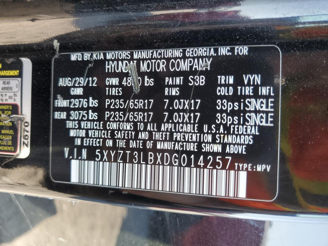 2013 Hyundai Santa Fe VIN 5XYZT3LBXDG014257 Copart auction photo, front end damage thumbnail 12