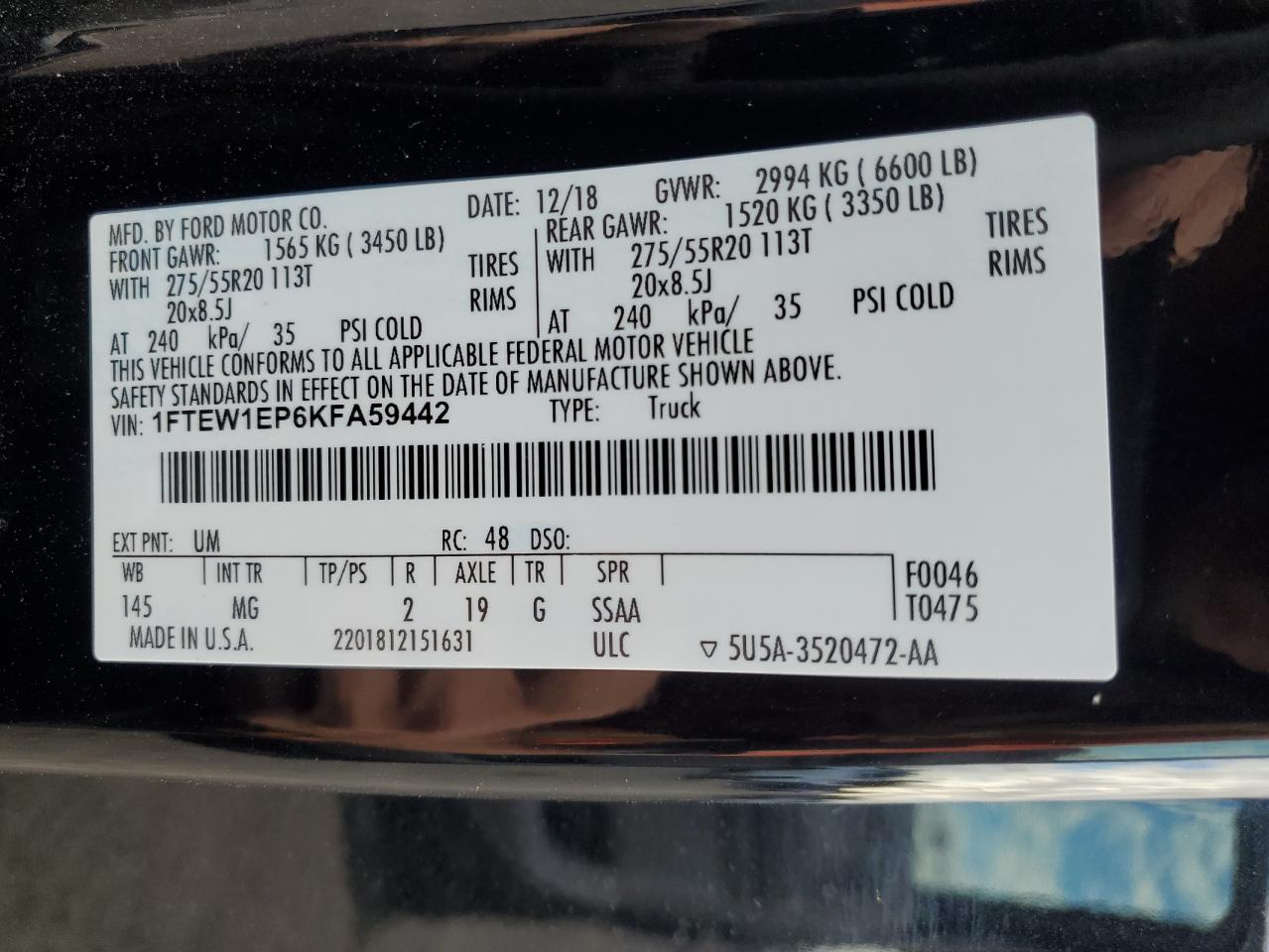 2019 Ford F-150 VIN 1FTEW1EP6KFA59442 Copart auction photo, front end damage thumbnail 14