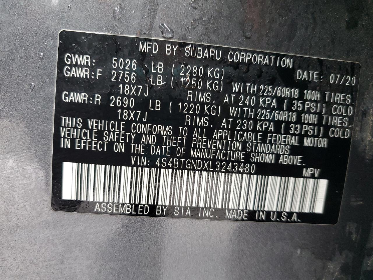 2020 Subaru Outback VIN 4S4BTGNDXL3243480 Copart auction photo, side / rear end damage thumbnail 13
