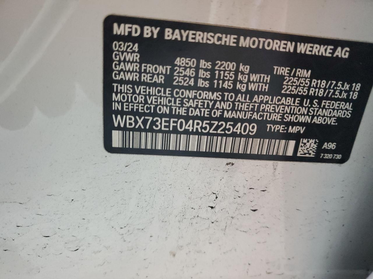 2024 BMW X1 VIN WBX73EF04R5Z25409 Copart auction photo, front end / rear end damage thumbnail 14