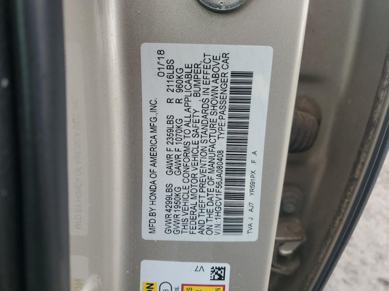 2018 Honda Accord VIN 1HGCV1F56JA080408 Copart auction photo, rear end damage thumbnail 14