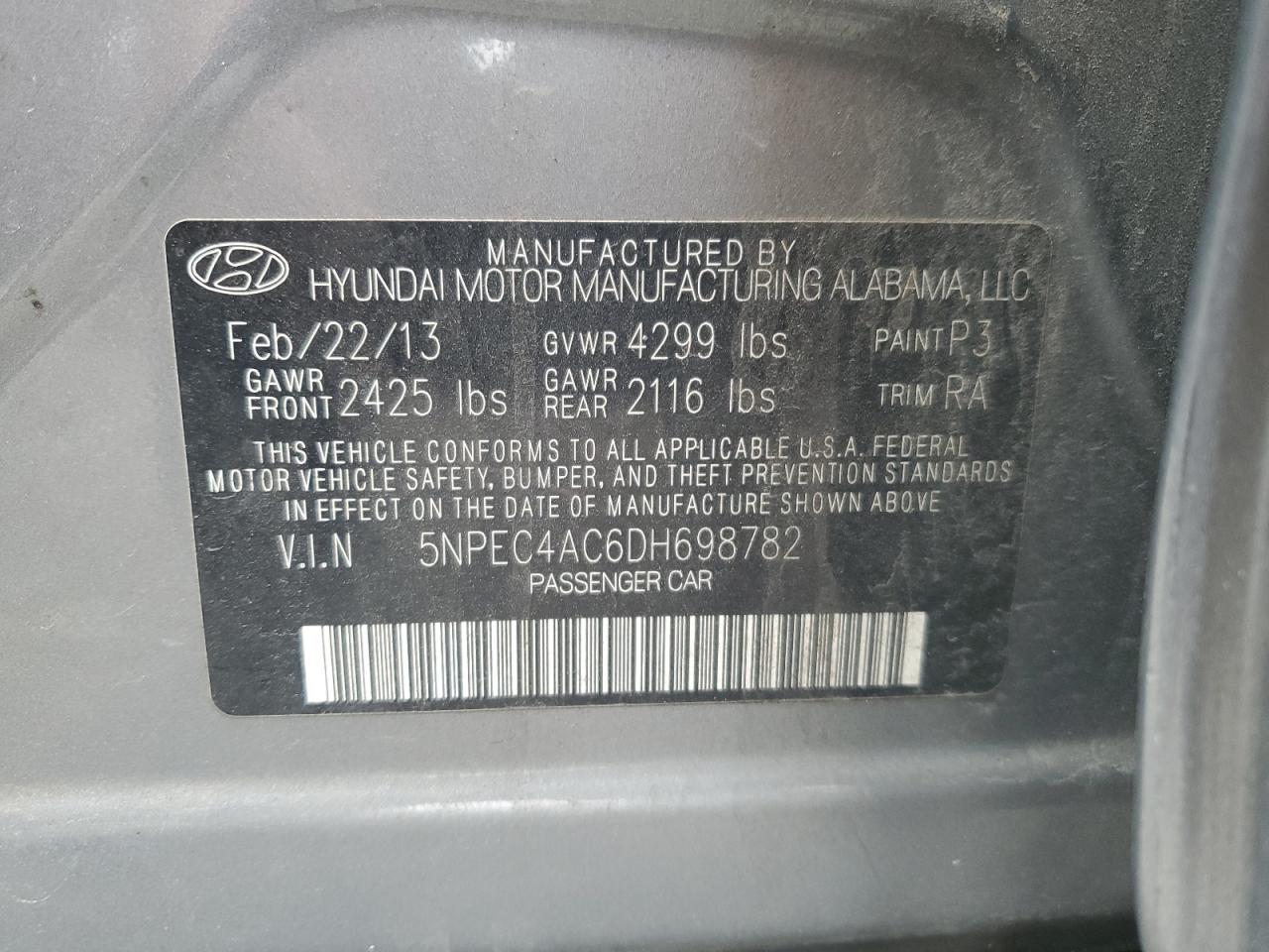 2013 Hyundai Sonata VIN 5NPEC4AC6DH698782 Copart auction photo, minor dent/scratches damage thumbnail 13