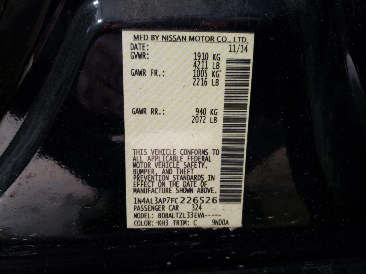 2015 Nissan Altima VIN 1N4AL3AP7FC226526 Copart auction photo, front end / minor dent/scratches damage thumbnail 12