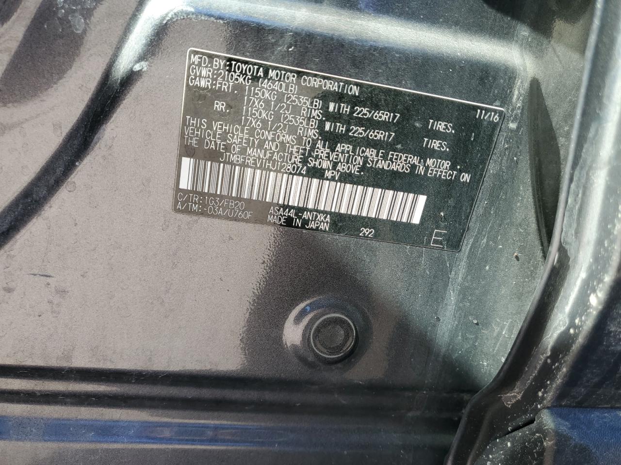 2017 Toyota RAV 4 VIN JTMBFREV1HJ128074 Copart auction photo, front end / side damage thumbnail 15