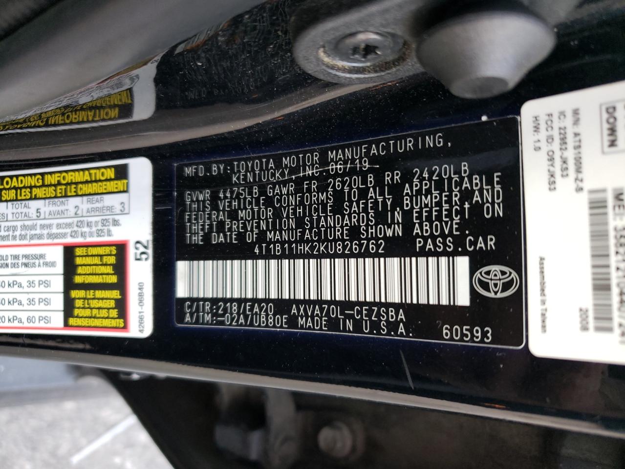 2019 Toyota Camry VIN 4T1B11HK2KU826762 Copart auction photo, front end damage thumbnail 14