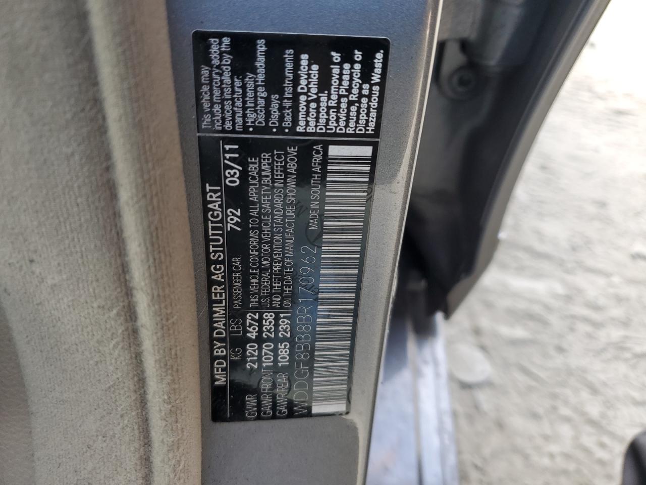 2011 Mercedes-Benz C-klasse VIN WDDGF8BB8BR170962 Copart auction photo, rear end damage thumbnail 12