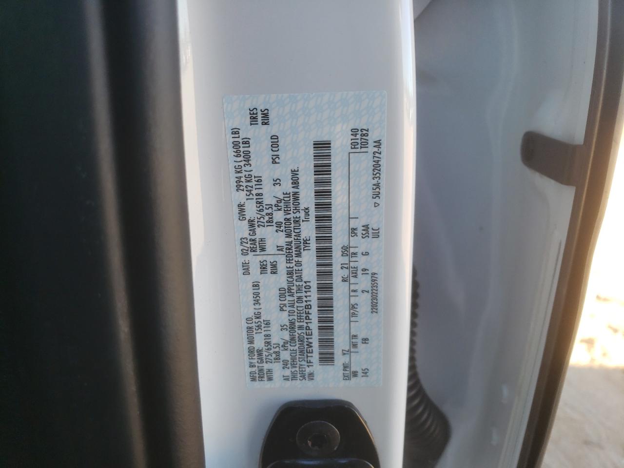 2023 Ford F-150 VIN 1FTEW1EP1PFB11101 Copart auction photo, top/roof / rear end damage thumbnail 12
