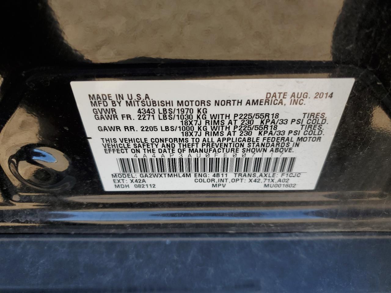 2015 Mitsubishi Outlander VIN 4A4AP3AU0FE007117 Copart auction photo, rear end / minor dent/scratches damage thumbnail 13