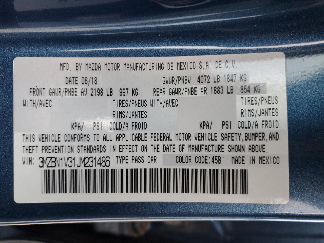 2018 Mazda 3 VIN 3MZBN1V31JM231486 Copart auction photo, front end / side damage thumbnail 14