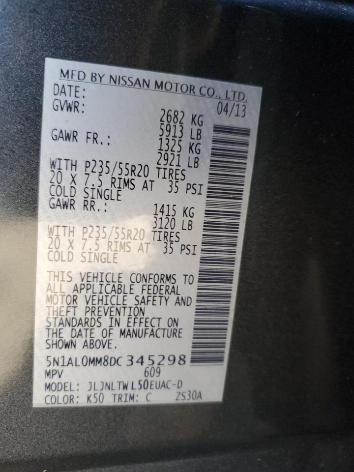 2013 Infiniti JX VIN 5N1AL0MM8DC345298 Copart auction photo, minor dent/scratches / mechanical damage thumbnail 13