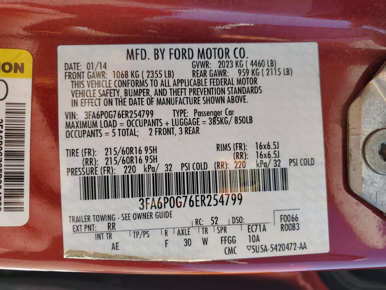 2014 Ford Fusion VIN 3FA6P0G76ER254799 Copart auction photo, front end / hail damage thumbnail 12