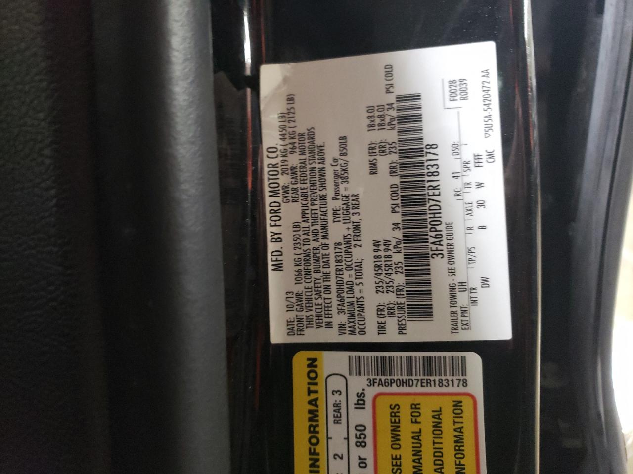 2014 Ford Fusion VIN 3FA6P0HD7ER183178 Copart auction photo, front end damage thumbnail 12