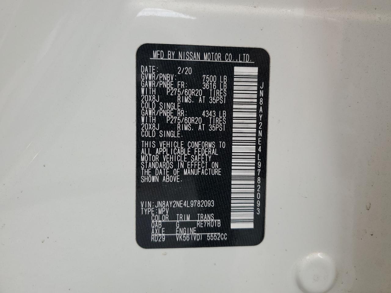 2020 Nissan Armada VIN JN8AY2NE4L9782093 Copart auction photo, front end / minor dent/scratches damage thumbnail 13