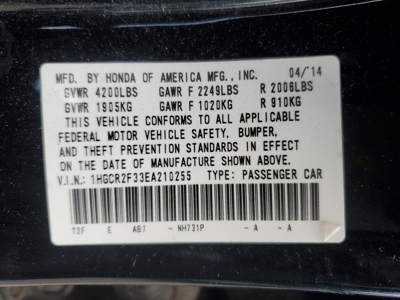 2014 Honda Accord VIN 1HGCR2F33EA210255 Copart auction photo, front end damage thumbnail 15