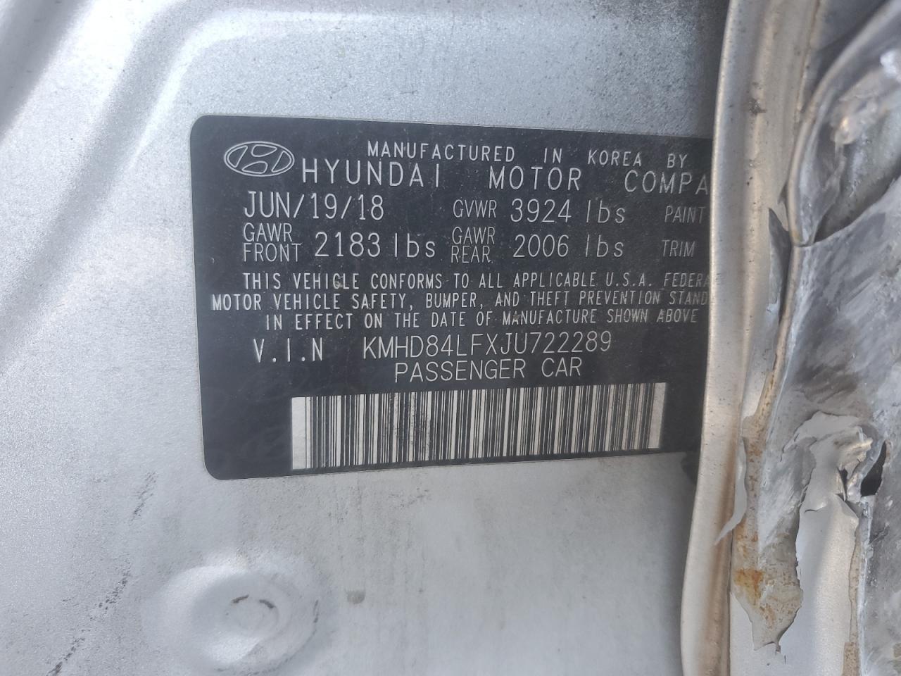 2018 Hyundai Elantra VIN KMHD84LFXJU722289 Copart auction photo, side damage thumbnail 12
