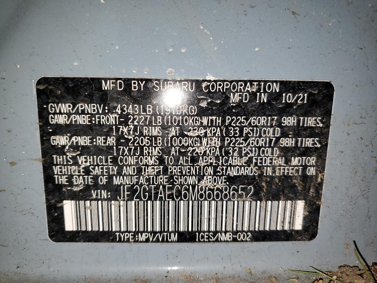 2021 Subaru XV VIN JF2GTAEC6M8668652 Copart auction photo, all over damage thumbnail 12