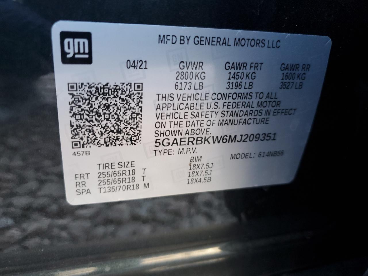 2021 Buick Enclave VIN 5GAERBKW6MJ209351 Copart auction photo, rear end damage thumbnail 14