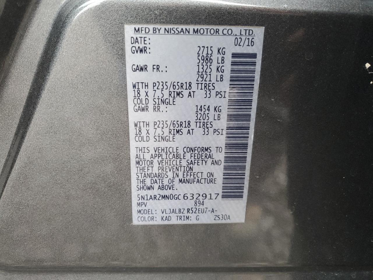 2016 Nissan Pathfinder VIN 5N1AR2MN0GC632917 Copart auction photo, front end / rear end damage thumbnail 15