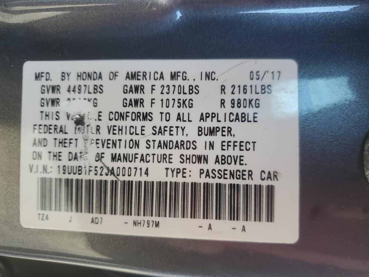 2018 Acura TLX VIN 19UUB1F52JA000714 Copart auction photo, front end / side damage thumbnail 14