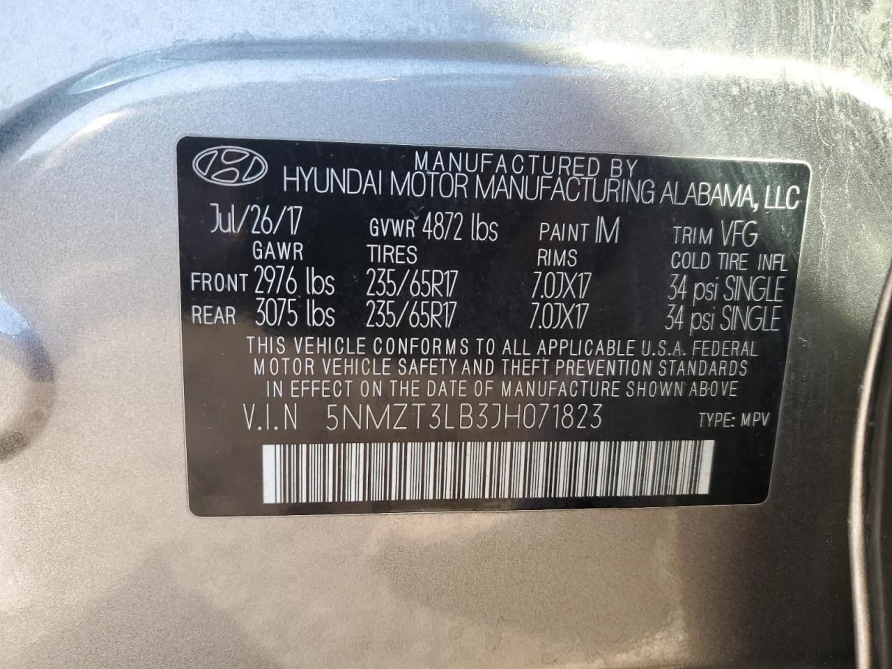 2018 Hyundai Santa Fe VIN 5NMZT3LB3JH071823 Copart auction photo, vandalism damage thumbnail 13