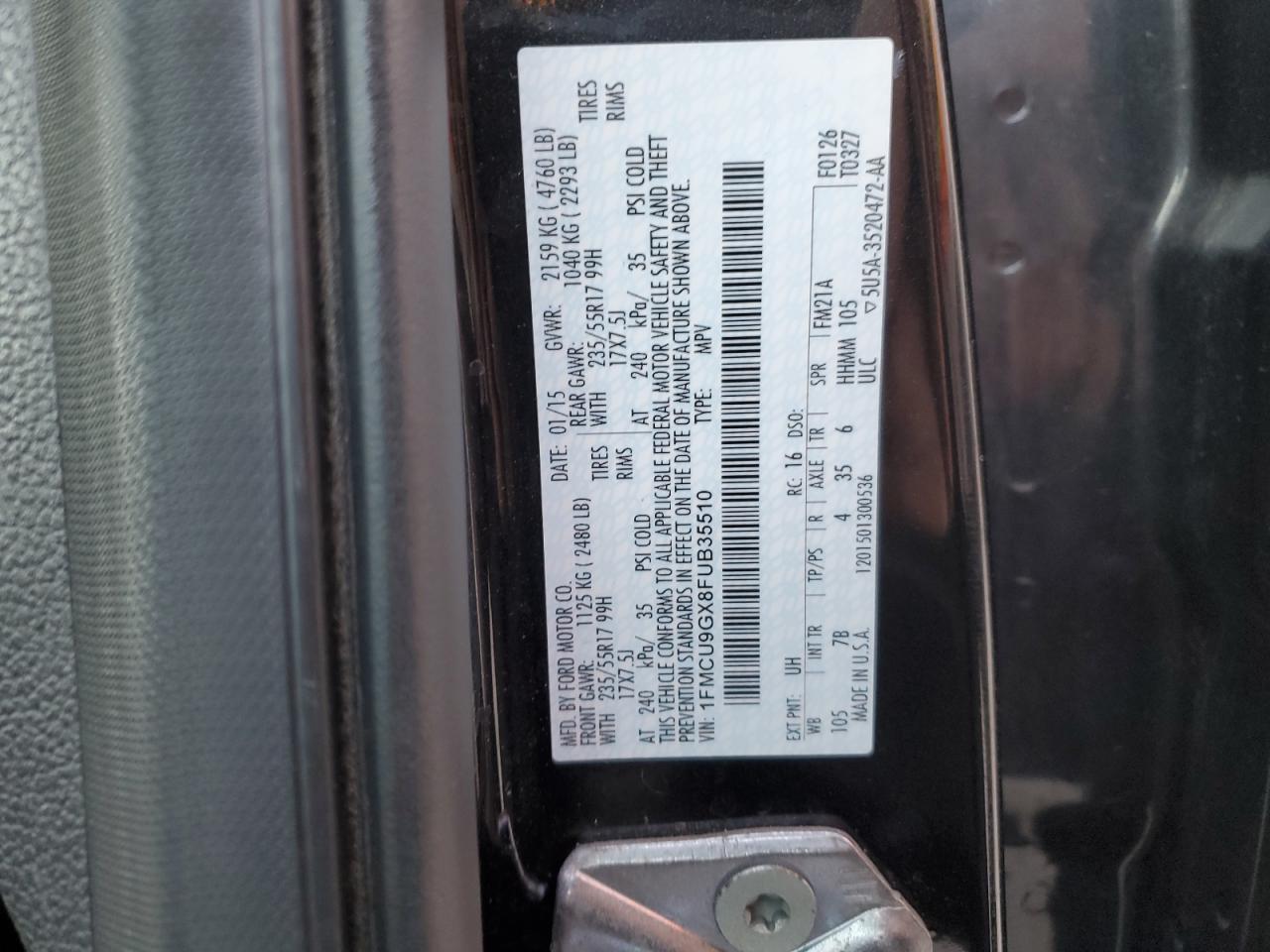 2015 Ford Escape VIN 1FMCU9GX8FUB35510 Copart auction photo, front end / side damage thumbnail 16
