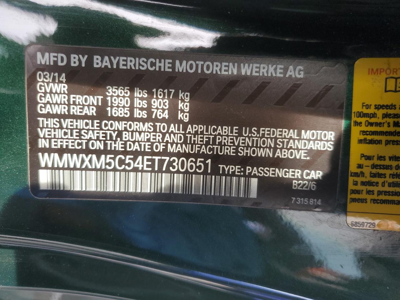 2014 MINI Cooper VIN WMWXM5C54ET730651 Copart auction photo, side damage thumbnail 12