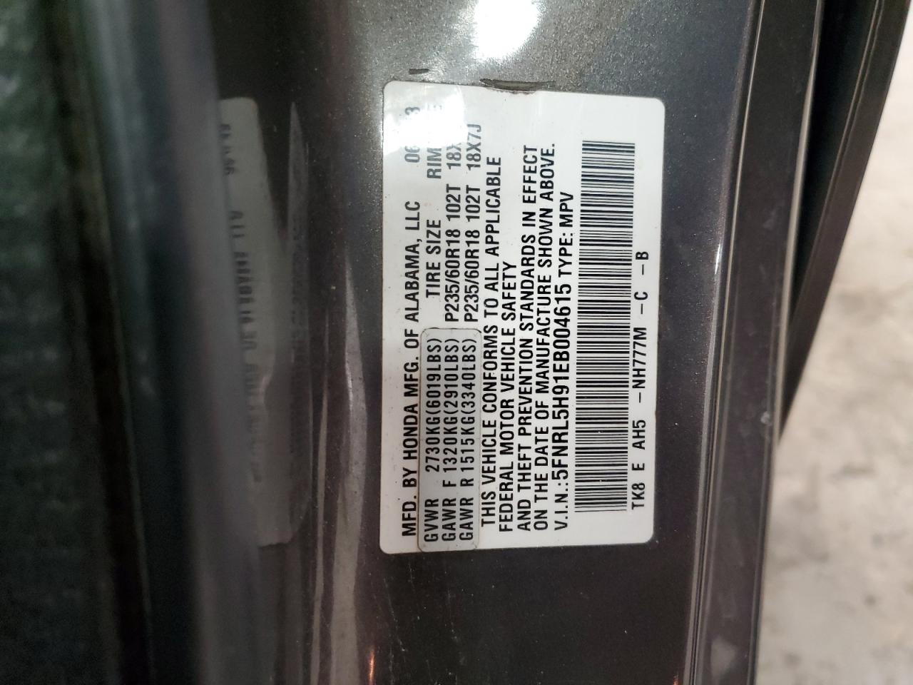 2014 Honda Odyssey VIN 5FNRL5H91EB004615 Copart auction photo, front end damage thumbnail 13