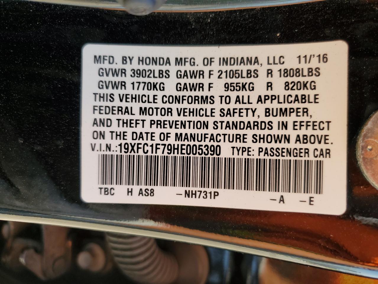 2017 Honda Civic VIN 19XFC1F79HE005390 Copart auction photo, front end / side damage thumbnail 13