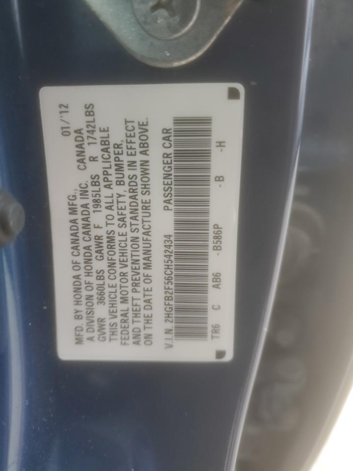 2012 Honda Civic VIN 2HGFB2F56CH542434 Copart auction photo, front end damage thumbnail 12