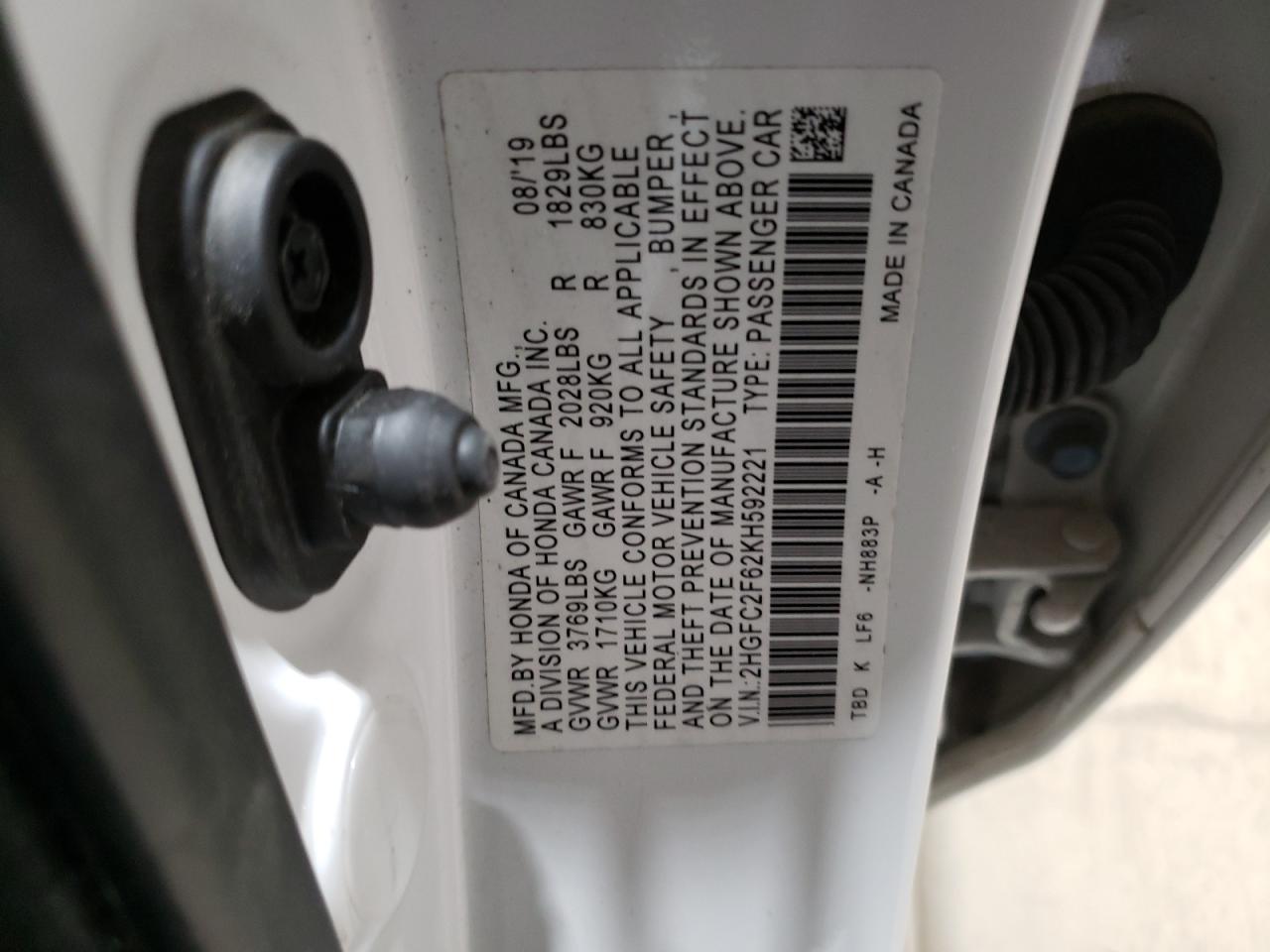 2019 Honda Civic VIN 2HGFC2F62KH592221 Copart auction photo, side damage thumbnail 12