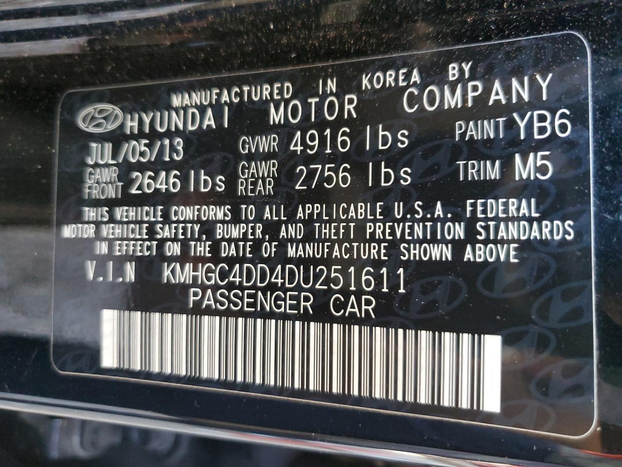 2013 Hyundai Genesis VIN KMHGC4DD4DU251611 Copart auction photo, top/roof damage thumbnail 12