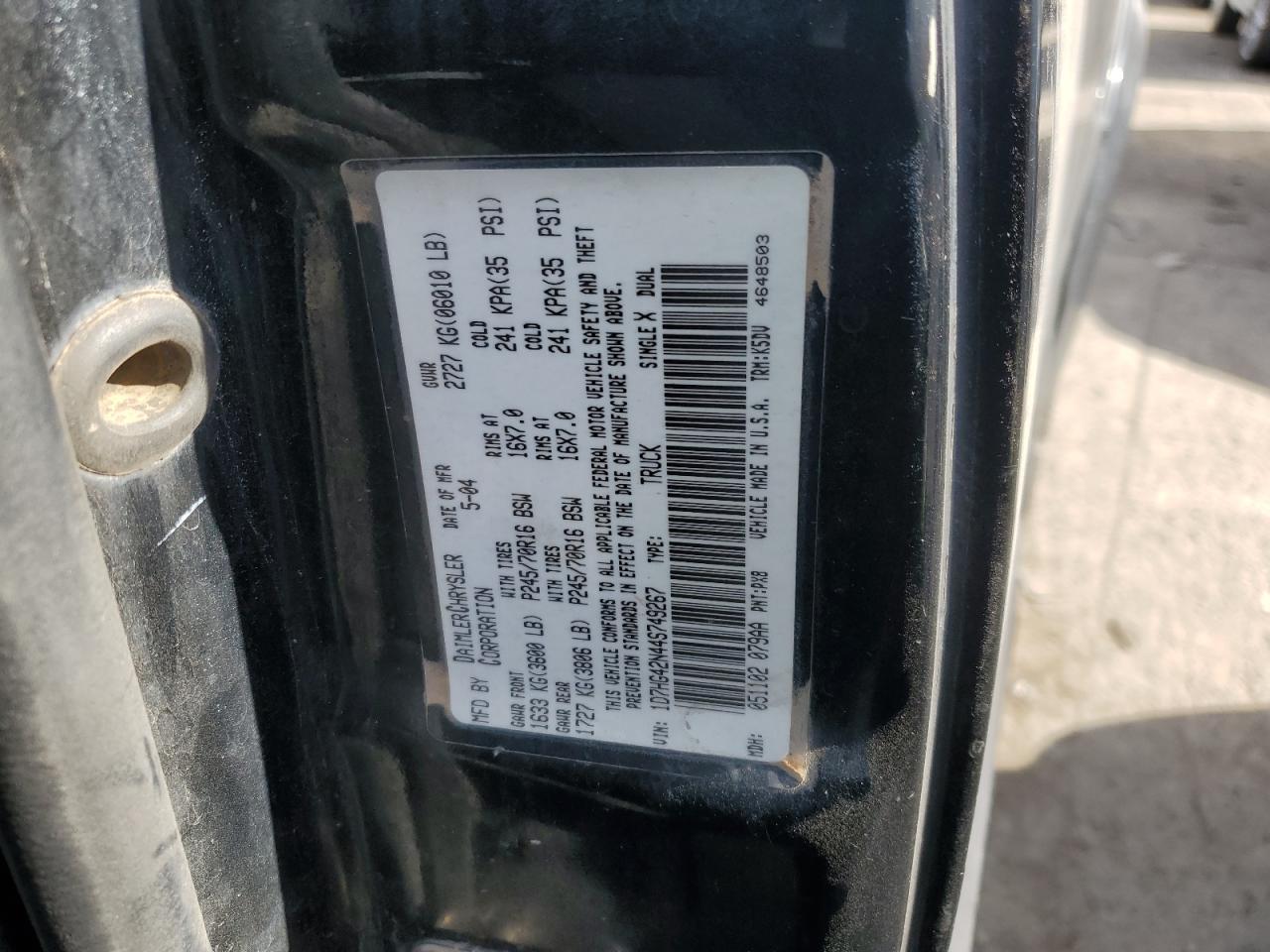 2004 Dodge Dakota VIN 1D7HG42N44S749267 Copart auction photo, front end damage thumbnail 12