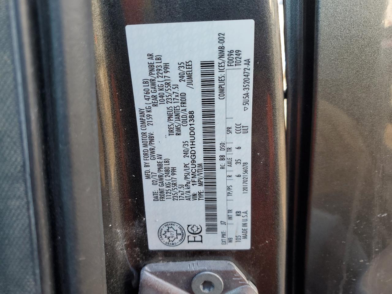 2017 Ford Escape VIN 1FMCU9GD1HUD01388 Copart auction photo, side / minor dent/scratches damage thumbnail 15