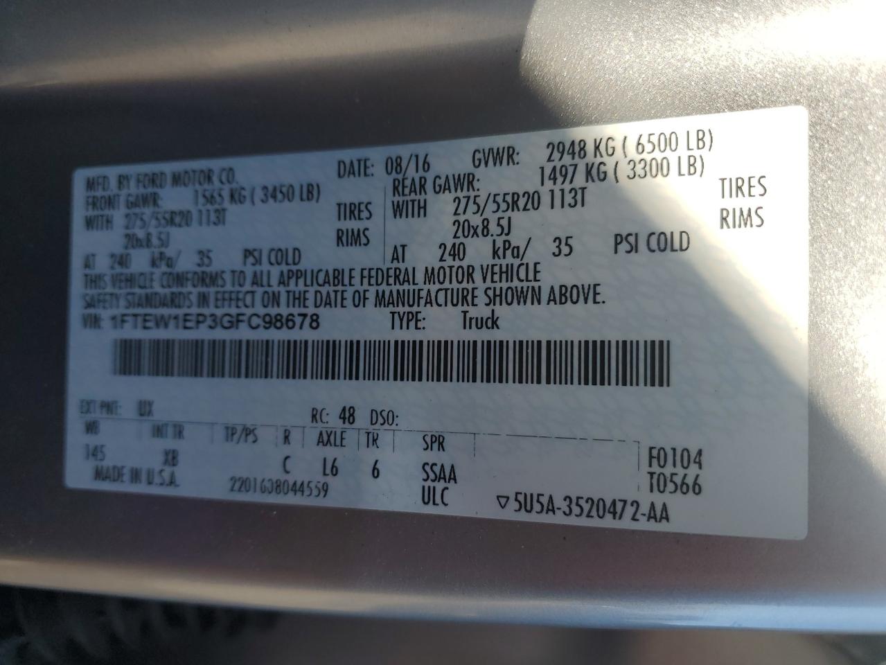 2016 Ford F-150 VIN 1FTEW1EP3GFC98678 Copart auction photo, front end damage thumbnail 12