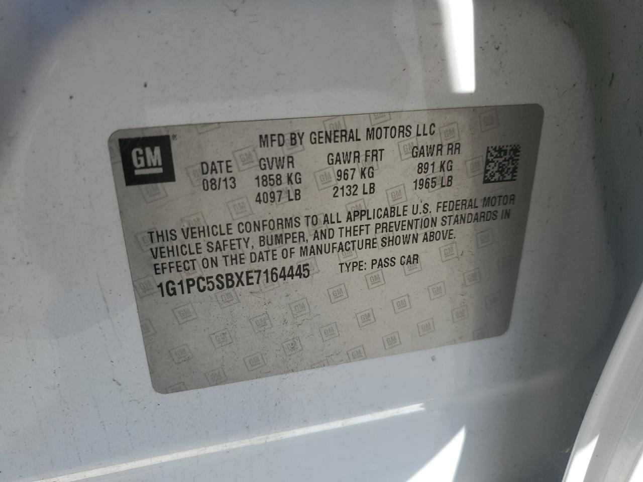 2014 Chevrolet Cruze VIN 1G1PC5SBXE7164445 Copart auction photo, front end / minor dent/scratches damage thumbnail 12