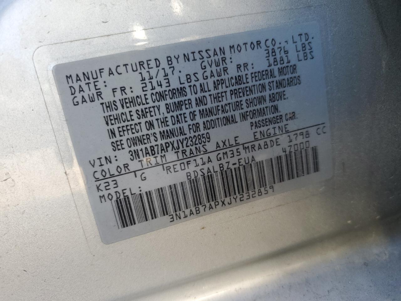 2018 Nissan Sentra VIN 3N1AB7APXJY232859 Copart auction photo, front end damage thumbnail 13
