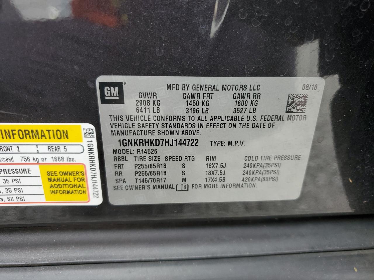 2017 Chevrolet Traverse VIN 1GNKRHKD7HJ144722 Copart auction photo, front end / mechanical damage thumbnail 13