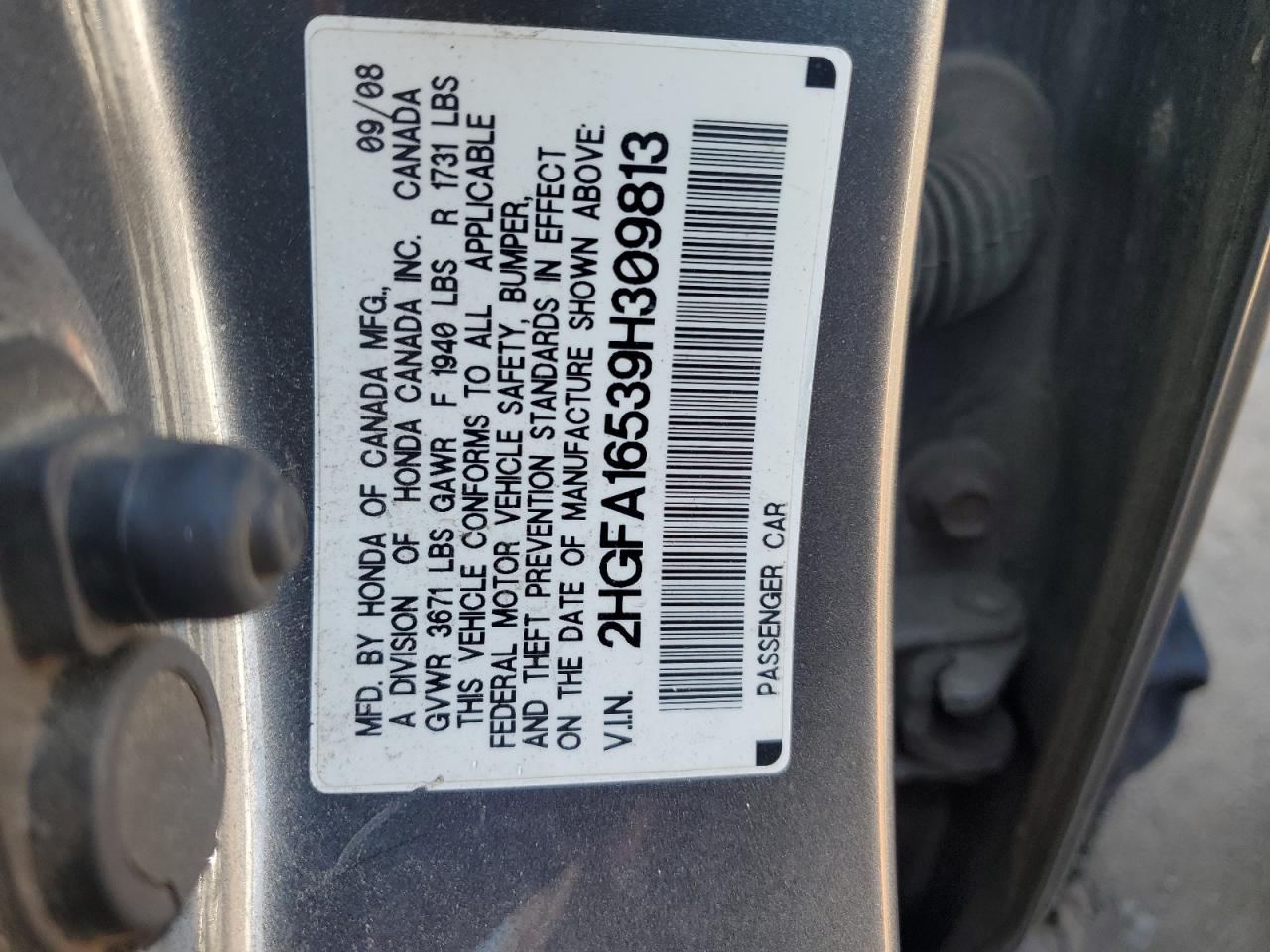 2009 Honda Civic VIN 2HGFA16539H309813 Copart auction photo, front end damage thumbnail 14