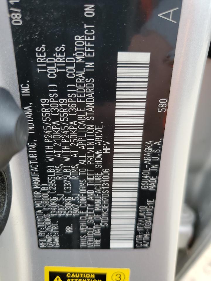 2013 Toyota Highlander VIN 5TDYK3EH7DS131006 Copart auction photo, front end / minor dent/scratches damage thumbnail 13