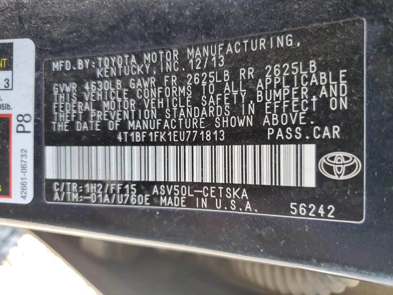 2014 Toyota Camry VIN 4T1BF1FK1EU771813 Copart auction photo, all over damage thumbnail 13