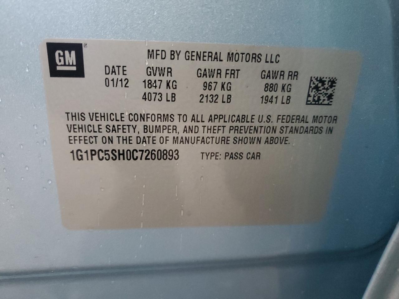2012 Chevrolet Cruze VIN 1G1PC5SH0C7260893 Copart auction photo, rear end / minor dent/scratches damage thumbnail 12