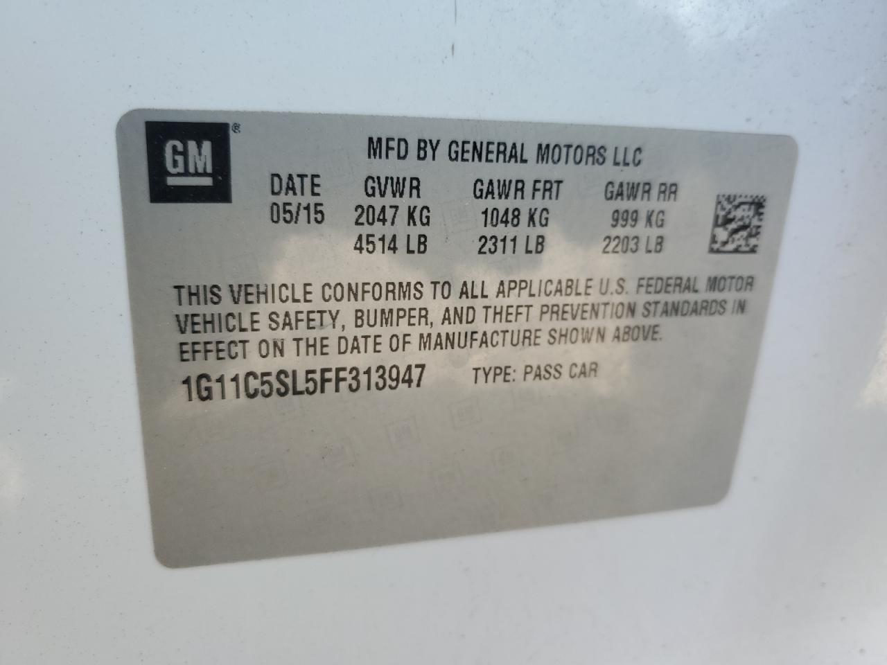 2015 Chevrolet Malibu VIN 1G11C5SL5FF313947 Copart auction photo, rear end / front end damage thumbnail 14