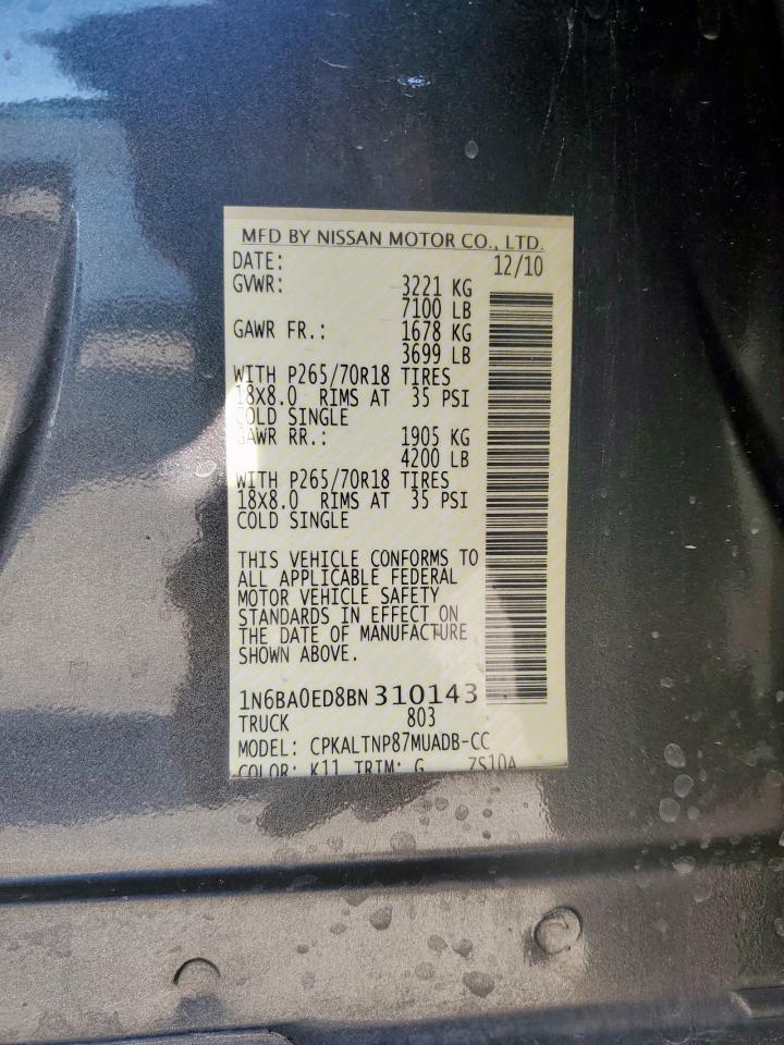 2011 Nissan Titan VIN 1N6BA0ED8BN310143 Copart auction photo, side / undercarriage damage thumbnail 12