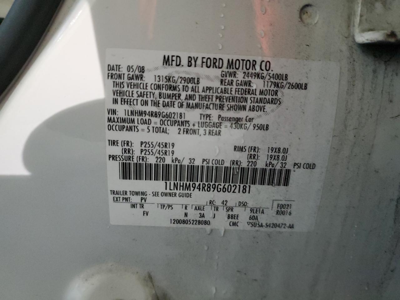 2009 Lincoln MKS VIN 1LNHM94R89G602181 Copart auction photo, front end damage thumbnail 12