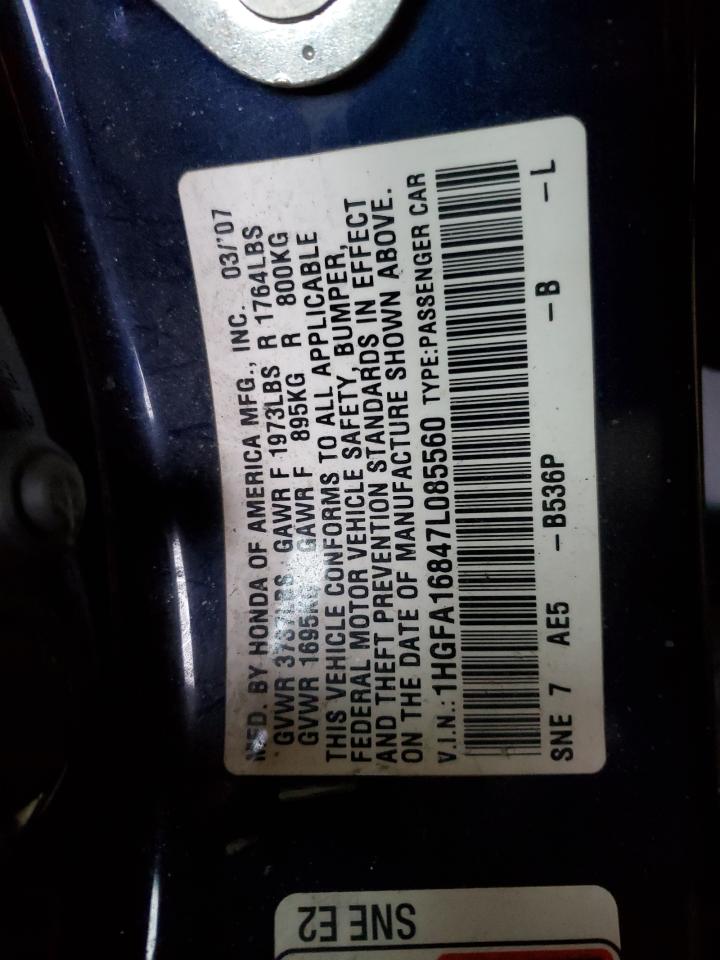 2007 Honda Civic VIN 1HGFA16847L085560 Copart auction photo, side damage thumbnail 12